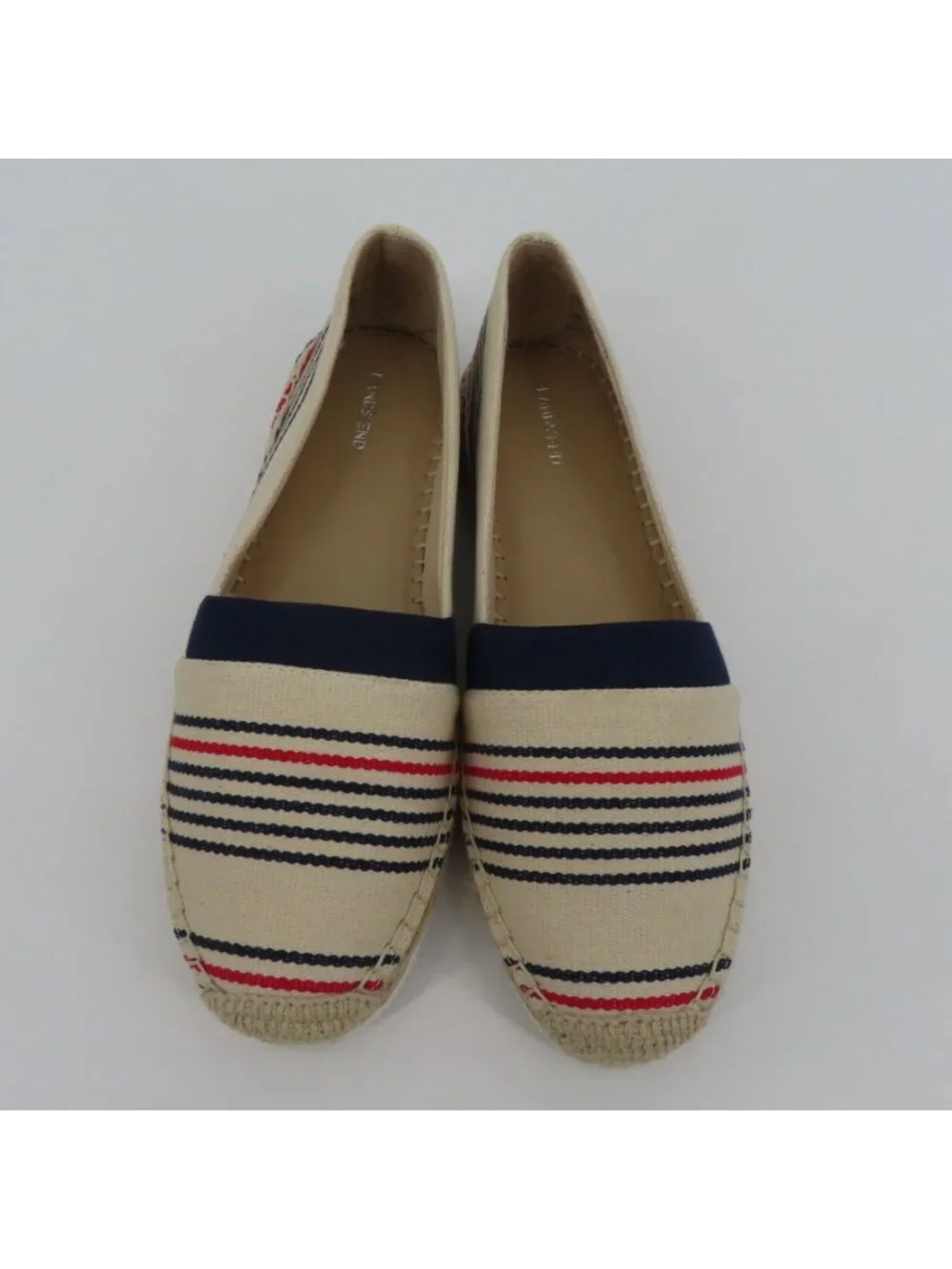 Lands End Women 7.5B Espadrille Flats Slip On Shoes Beige Red Blue Stripe Canvas